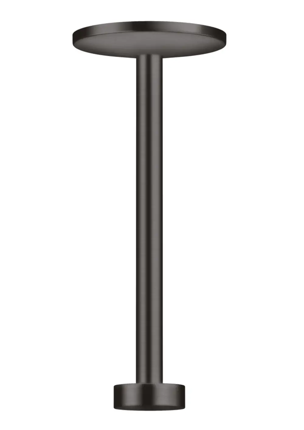 Deckenanschluss von AXOR mit einer runden Fläche oben und einem zylindrischen Stab, der nach unten führt. Die Oberfläche ist in einer dunklen Metalloptik gehalten.